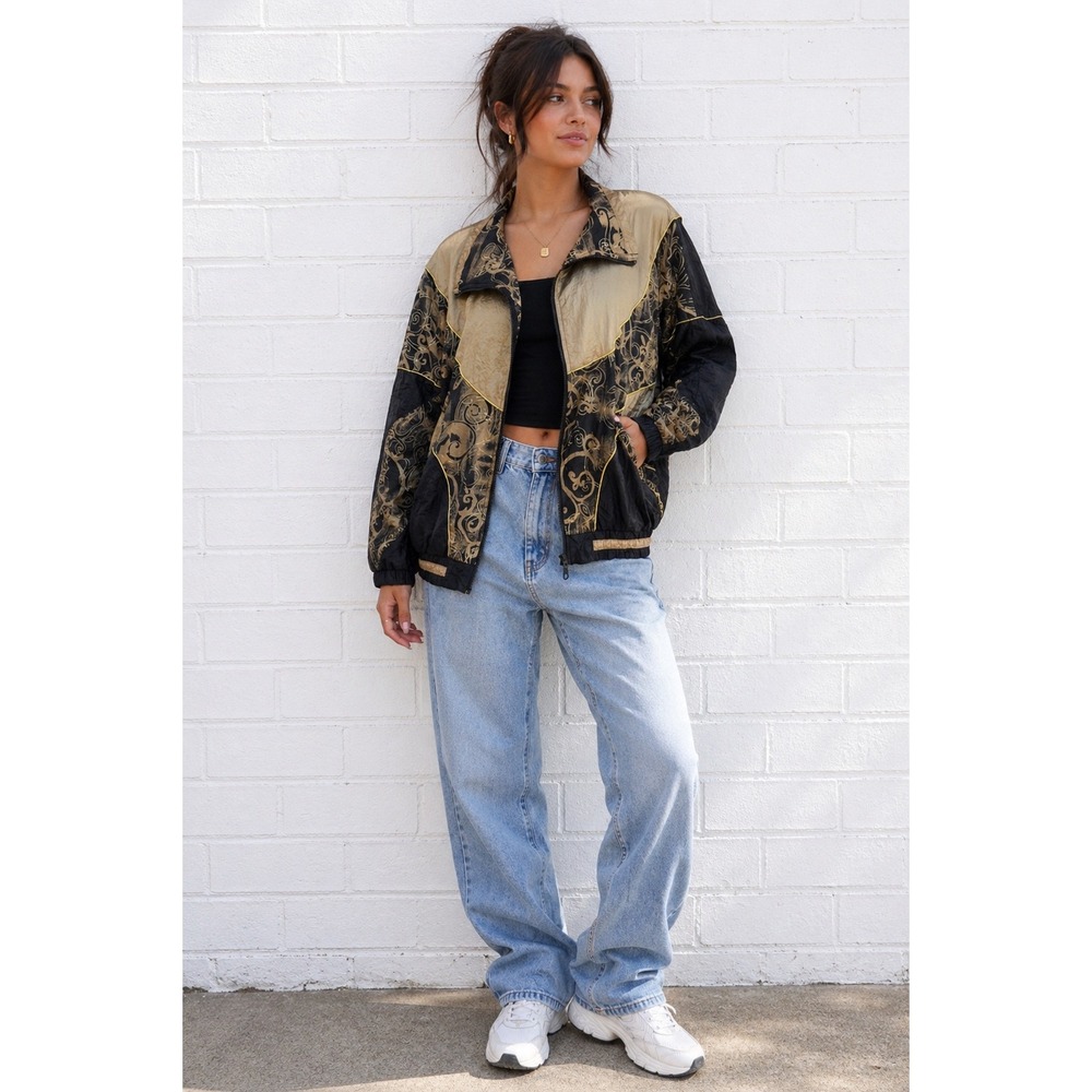 Vintage 90s Windbreaker Jacket Gold Black Print Bomber Mob Wife L - Picture 2 of 12